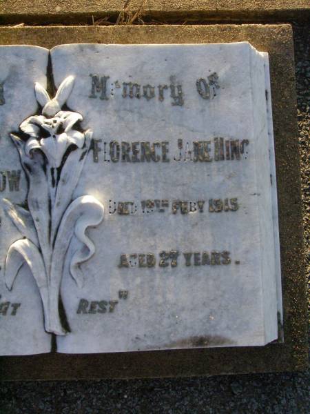 Margaret Kong POW,  | mother,  | died 13 Feb 1920 aged 78 years;  | Florence Jane HING,  | died 19 Feb 1915 aged 27 years;  | Killarney cemetery, Warwick Shire  | 