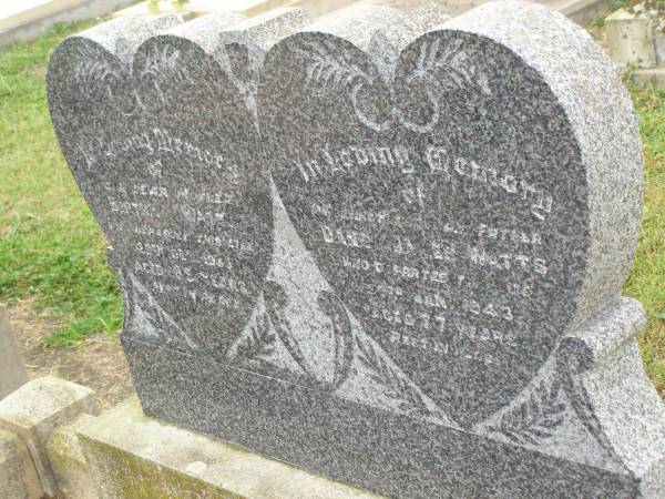 Bertha WATTS,  | mother,  | died 28 Dec 1955 aged 85 years;  | Daniel James WATTS,  | husband father,  | died 30 Jan 1943 aged 77 years;  | Killarney cemetery, Warwick Shire  | 