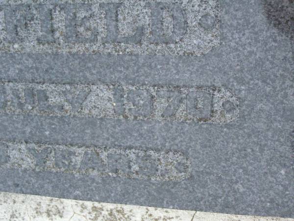 Walter Albert BLOOMFIELD,  | died 4 July 1970 aged 59 years;  | Killarney cemetery, Warwick Shire  | 