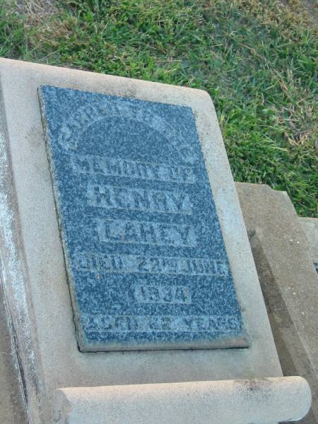 Henry CAREY?/LAHEY?,  | died 23 June 1934 aged 62? years;  | Killarney cemetery, Warwick Shire  |   | 