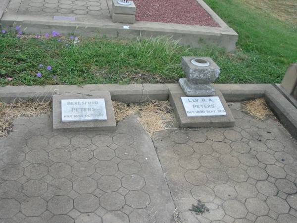 Beresford PETERS,  | Mar 1890 - Oct 1967;  | Lily R.A. PETERS,  | Oct 1890 - Sept 1965;  | Killarney cemetery, Warwick Shire  | 