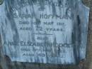 Sarah HOFFMAN,
died 10 May 1911 aged 72 years;
Annie Elizabeth HODGETTS,
died 10 May 1925 aged 49 years;
Killarney cemetery, Warwick Shire