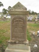 Marie HANSEN,
born 5 June 1852,
died 5 Nov 1889;
Emma HANSEN,
born 17 Sept 1846,
died 1 April 1906;
Edward Robert MAGICK,
died 6 May 1901 aged 36 years;
Killarney cemetery, Warwick Shire