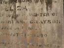 Eliza,
daughter of Allen & Mary Ann GRAYSON,
born 30 June 1860,
died 31 Aug 1890;
Killarney cemetery, Warwick Shire