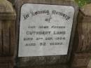 Mary Elizabeth,
wife of Cuthbert LAMB,
died 15 July 1903 aged 39 years;
three children;
Mary JONES,
mother,
died 25 June 1892 aged 59 years;
Cuthbert LAMB,
father,
died 8 Sept 1954 aged 92 years;
Dina Isabella LAMB,
sister,
died 22 Sept 1974 aged 85 years;
Killarney cemetery, Warwick Shire