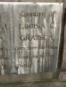 William J. GRAYSON,
died 10 May 1940 aged 78 years;
Louisa C. GRAYSON,
died 30 Sept 1939 aged 75 years;
Lilian Lamb GRAYSON,
daughter,
died 12 Sept 1903 aged 10 months;
Killarney cemetery, Warwick Shire