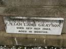 William J. GRAYSON,
died 10 May 1940 aged 78 years;
Louisa C. GRAYSON,
died 30 Sept 1939 aged 75 years;
Lilian Lamb GRAYSON,
daughter,
died 12 Sept 1903 aged 10 months;
Killarney cemetery, Warwick Shire