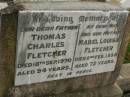 Thomas Charles FLETCHER,
father,
died 18 Sept 1970 aged 94 years;
Mabel Louisa FLETCHER,
wife mother,
died 2 Feb 1958 aged 72 years;
Killarney cemetery, Warwick Shire