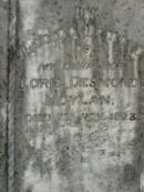 Sybil Myra MOYLAN,
wife,
died 12 Jan 1929;
Loris Desmond MOYLAN,
son,
died 7 Nov 1923;
Killarney cemetery, Warwick Shire