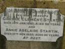 parents;
George Clement STARTIN,
died 14 Jan 1947 aged 88 years;
Annie Adelaide STARTIN,
died 15 Nov 1952 aged 86 years;
Killarney cemetery, Warwick Shire
