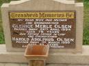 Glenice Merle OLSEN,
wife mother grandmother,
died 24 April 1994 aged 78 years;
Harold Adolphus OLSEN,
father father-in-law grandfather,
died 1 March 1999 aged 85 years;
Killarney cemetery, Warwick Shire