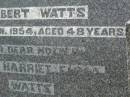 Herbert WATTS,
husband father,
died 4 Jan 1954 aged 48 years;
Jean Harriet Emma WATTS,
mother,
died 27 April 1980 aged 65 years;
Killarney cemetery, Warwick Shire
