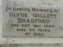 Clyde Willett BRADFORD,
died 22 July 1964 aged 53 years;
Killarney cemetery, Warwick Shire
