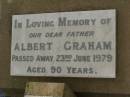 Albert GRAHAM,
father,
died 23 June 1979 aged 90 years;
Ethel GRAHAM,
wife mother,
died 28 Jan 1966 aged 73 years;
Killarney cemetery, Warwick Shire