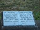 Margaret SCHULZ,
mother,
died 14 Dec 1964 aged 84 years;
Carl H.A. SCHULZ,
father,
died 6 Aug 1968 aged 82 years;
Killarney cemetery, Warwick Shire