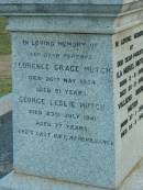 William MUTCH,
born Rayne Aberdeenshire Scotland 12 May 1811,
died Killarney 12 Dec 1890;
Margaret Herd,
wife,
born Rayne 25 Oct 1825,
died Tannymorel 4 Sept 1908;
George Marischal MUTCH,
died 29 Nov 1940 aged 29 years;
parents;
Ila Muriel MUTCH,
born 2-8-1908,
died 20-9-1980;
Villiers Bushby MUTCH,
born 27-1-1908,
died 23-6-1987;
parents;
Florence Grace MUTCH,
died 26 May 1924 aged 51 years;
George Leslie MUTCH,
died 23 July 1941 aged 77 years;
Killarney cemetery, Warwick Shire