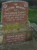 Catherine CAREY,
wife of G.W. CAREY,
died 29 Jan 1938 aged 69 years;
George W. CAREY,
died 24 April 1940 aged 72 years;
Killarney cemetery, Warwick Shire