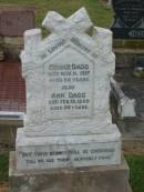 George DAGG,
died 11 Nov 1917 aged 56 years;
Ann DAGG,
died 15 Feb 1899 aged 56 years;
Killarney cemetery, Warwick Shire
