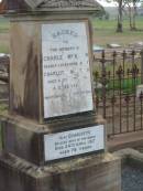 Charles MCINTOSH,
husband of Charlotte MCINTOSH,
father,
died 26 Sept 1904 aged 72 years;
Charlotte,
wife,
died 24 April 1917 aged 78 years;
Killarney cemetery, Warwick Shire