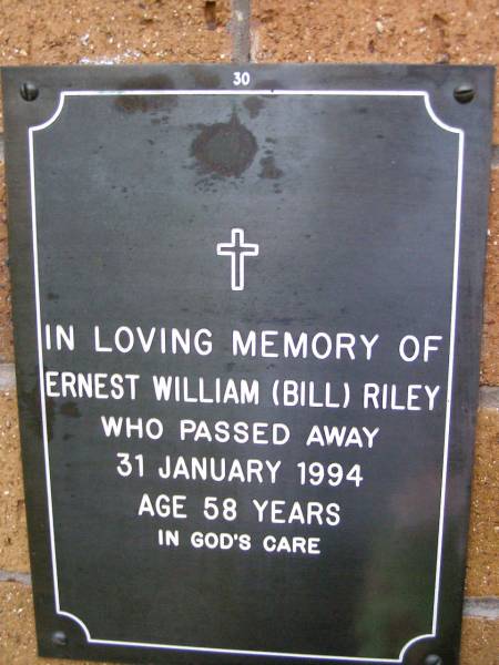 Ernest William (Bill) RILEY,  | died 31 Jan 1994 aged 58 years;  | Lawnton cemetery, Pine Rivers Shire  | 