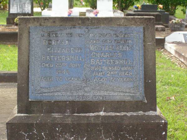 Bertha Elizabeth BATTERSHILL,  | mother,  | died 25 July 1949 aged 70 years;  | William Henry BATTERSHILL,  | husband father,  | died 2 Jan 1948 aged 72 years;  | Lawnton cemetery, Pine Rivers Shire  | 