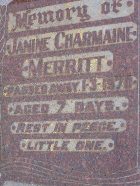 Victor TURNBULL,  | died 24-8-1964? aged 53 years;  | Janine Charmaine MERRITT,  | died 1-3-1970? aged 7 days;  | Lawnton cemetery, Pine Rivers Shire  | 