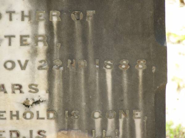 Archibald HAMILTON,  | died 20 Feb 1889 aged 82 years;  | Cathrine,  | mother of Cathrine SLATER,  | died 22 Nov 1888 aged 62 years;  | Lawnton cemetery, Pine Rivers Shire  | 