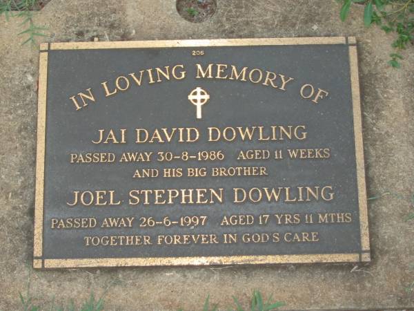 Jai David DOWLING,  | died 30-8-1986 aged 11 weeks;  | Joel Stephen DOWLING,  | died 26-6-1997 aged 17 years 11 months;  | Lawnton cemetery, Pine Rivers Shire  | 