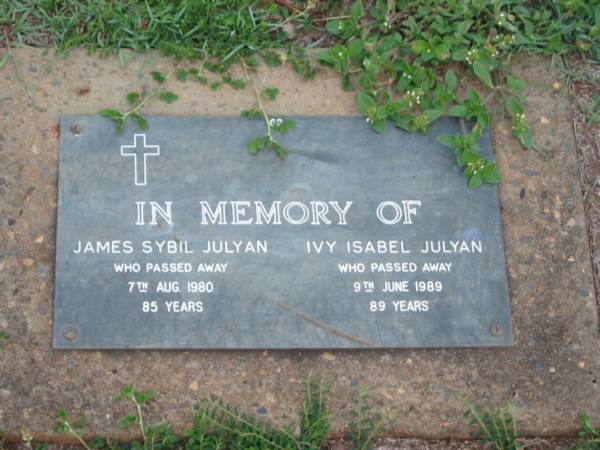James Sybil JULYAN,  | died 7 Aug 1980 aged 85 years;  | Ivy Isabel JULYAN,  | died 9 June 1989 aged 89 years;  | Lawnton cemetery, Pine Rivers Shire  | 