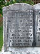Alfred John STONEBRIDGE,
father,
died July 1958 aged 65 years;
Florence May,
mother,
died 5 Sept 1959 aged 65 years;
Roy Alfred STONEBRIDGE,
son brother,
accidentally killed 23 Jan 1955 aged 31 years;
Avis May SURMAN (nee STONEBRIDGE),
died 6 March 1981 aged 50 years;
Lawnton cemetery, Pine Rivers Shire