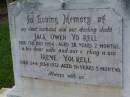 Jack Owen YOURELL,
husband dada,
died 13 July 1954 aged 38 years 2 months;
Irene YOURELL,
wife mum,
died 24 June 1972 aged 56 years 5 months;
Lawnton cemetery, Pine Rivers Shire