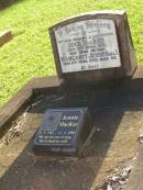 Jock MACKEE,
husband father,
died 21 April 1931;
Margaret Jessie (GILL),
mother,
died 11 April 1989 aged 88 years;
Jennie MACKEE,
31-5-1963 - 12-4-1995;
Lawnton cemetery, Pine Rivers Shire