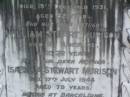 James Charles STEWART,
died 19 Dec 1931 aged 82 years;
William Stuart MURISON,
father
died 9 March 1931 aged 72 years;
Isabella Stewart MURISON,
mother,
died 17 July 1944 aged 79 years,
buried at Barcaldine;
Margaret Stewart MURISON,
died 14 April 1907 aged 15 years,
buried in Lambhill cemetery, Glasgow, Scotland;
Lawnton cemetery, Pine Rivers Shire