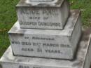 Alice Ann,
wife of Josepeh DUNCOMBE
of Narangba,
died 21 March 1918 aged 51 years;
Joseph DUNCOMBE,
died 17 June 1956 aged 93 years;
Lawnton cemetery, Pine Rivers Shire