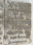 George William TURNBULL,
husband father grandfather,
died 19 April 1945 aged 46 years;
Shirley Catherine TURNBULL,
daughter sister,
died 11 Dec 1940 aged 10 years;
May Maria TURNBULL,
mother grandmother,
30 July 1906 - 9 June 1991;
Lawnton cemetery, Pine Rivers Shire