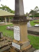 Richard RAYMONT,
husband of Harriet RAYMONT,
died 19 Feb 1910 aged 66 years;
Harriet,
wife,
died 5 May 1931 in her 79th year;
Richard William Lacey,
eldest son,
died 27 Oct 1947;
Lawnton cemetery, Pine Rivers Shire