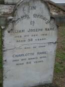 William Joseph HARE,
died 10 Dec 1912 aged 38 years;
Charlotte HARE,
died 18 March 1958 aged 84 years;
Lawnton cemetery, Pine Rivers Shire