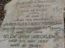 Elizabeth MECKLEM,
died 7 March 1917 aged 62 years;
James Alexander MECKLEM,
brother,
died 13 April 1936 aged 77 years;
Ellen Jane MECKLEM,
wife,
died 8 May 1937 aged 81 years;
parents;
James MECKLEM,
died 8 Dec 1875;
Catherine MECKLEM,
died 20 July 1886;
Lawnton cemetery, Pine Rivers Shire