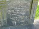 Christina HERMAN,
mother,
died 20-4-1911 aged 49 years;
Jacob HERMAN,
father,
died 9-4-1942 aged 87 years;
Lawnton cemetery, Pine Rivers Shire