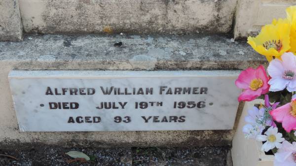 Elizabeth Dawson FARMER  | d: 21 Jun 1950 aged 84  | wife of Alfred William FARMER  | mother of Roy, Bruce, Alick, Arthur  |   | Alfred William FARMER  | d: 19 Jul 1956 aged 93  |   | Legume cemetery, Tenterfield, NSW  |   | 