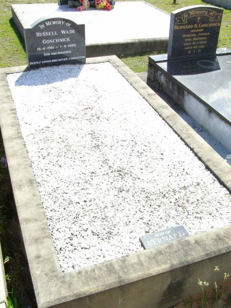 Russell Wade GOSCHNICK,  | son of Bernard, brother,  | 18-4-1961 - 7-8-1995;  | Lockrose Green Pastures Lutheran Cemetery, Laidley Shire  | 