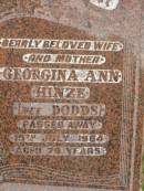 August Carl Friederich HINZE,
husband father,
died 1 July 1949 aged 69 years;
Georgina Ann HINZE (nee DODDS),
wife mother,
died 19 July 1964 aged 79 years;
Lower Coomera cemetery, Gold Coast