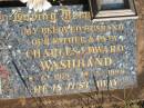 
Charles Edward WASHBAND (Eddie),
husband father pa-pa,
8-6-1919 - 18-5-1994;
St Michaels Catholic Cemetery, Lowood, Esk Shire
