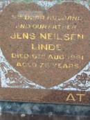 
Jens Neilsen LINDE
9 Aug 1961, aged 76
Emma Marie LINDE
10 Mar 1975, aged 80
Lowood General Cemetery


