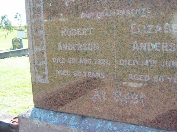 Robert ANDERSON  | 5 Aug 1921, aged 63  | Elizabeth ANDERSON  | 14 Jun 1949, aged 86  | Lowood General Cemetery  |   | 