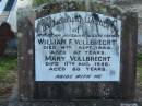 
William F. VOLLBRECHT, died 4 Sept 1944 aged 87 years, husband father;
Mary VOLLBRECHT, died 11 Aug 1956 aged 88 years;
Lowood Trinity Lutheran Cemetery (Bethel Section), Esk Shire
