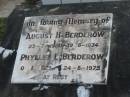 
August H. BERDEROW, 23-7-1920 - 19-8-1974;
Phyllis I. BERDEROW, 10-11-1923 - 24-8-1975;
Lowood Trinity Lutheran Cemetery (Bethel Section), Esk Shire
