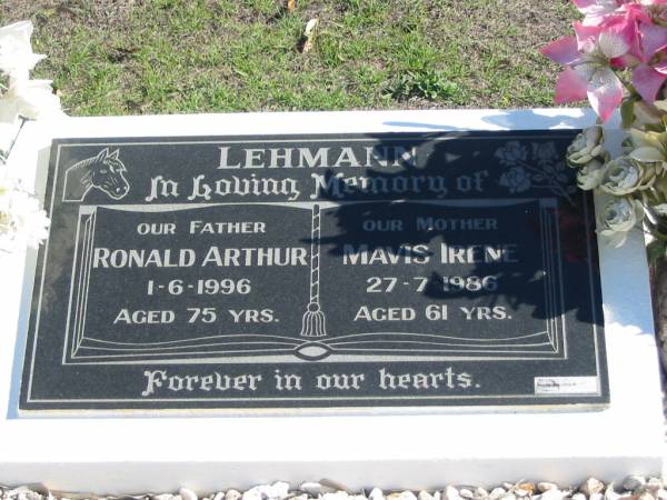 LEHMANN;  | Ronald Arthur, 1-6-1996 aged 75 years, father;  | Mavis Irene, 27-7-1986 aged 61 years, mother;  | Lowood Trinity Lutheran Cemetery (St Mark's Section), Esk Shire  | 