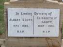Albert SCOTT,
1873 - 1925;
Elizabeth R. SCOTT,
1867 - 1954;
Ma Ma Creek Anglican Cemetery, Gatton shire