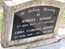 Robert RISSON,
8 Sept 1877 - 7 July 1930;
Emma Florence RISSON,
21 April 1879 - 16 Feb 1969;
Ma Ma Creek Anglican Cemetery, Gatton shire